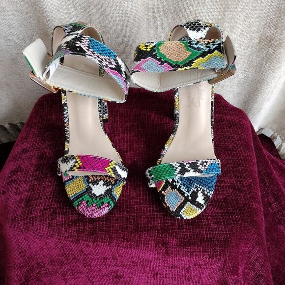 Women's Multicolor Snakeskin Ankle Strap Block Heel Sandal Size 39 - Picture 4 of 9